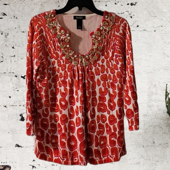 Peck & Peck Orange / Red Cotton - Rayon Long Sleeve Light Sweater, Medium - Picture 1 of 4